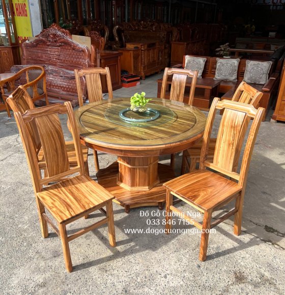 Bàn ăn tròn mâm xoay gỗ hương xám 6 ghế hiện đại 