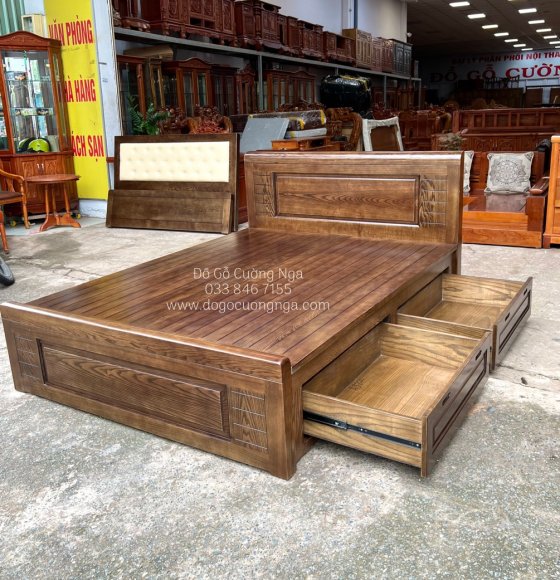 Giường Ngủ Ngăn Kéo Gỗ Sồi Nga Lau Màu Óc Chó Cao Cấp 