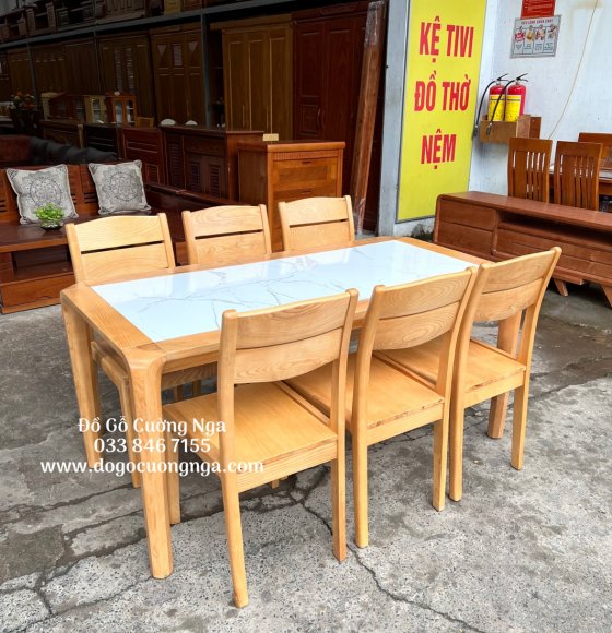 Bàn ăn gỗ sồi 6 ghế kèm măt đá - màu tự nhiên 