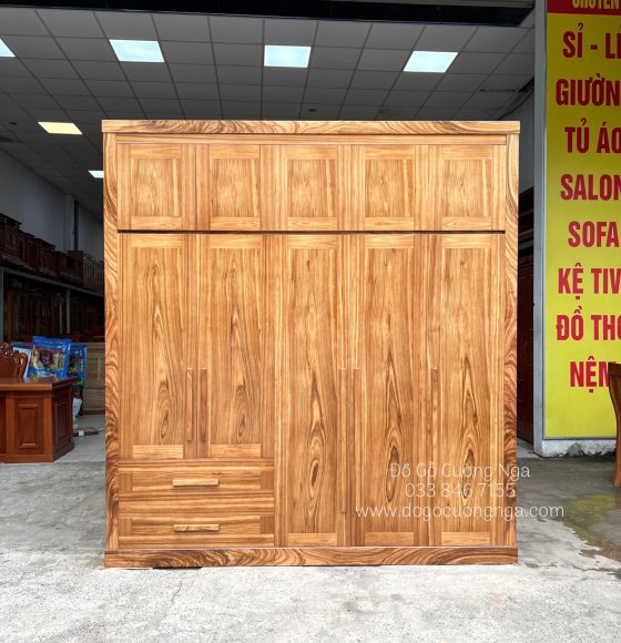 Tủ quần áo gỗ hương xám 5 cánh 2 tầng hiện đại - sang trọng 
