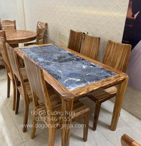 Bộ bàn ăn gỗ hương xám mặt đá 6 ghế hiện đại 