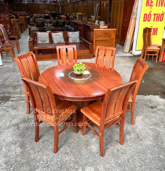 Bộ bàn ăn tròn mây xoay gỗ xoan đào 6 ghế hiện đại 