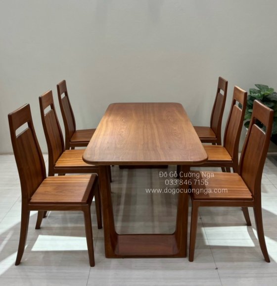 Bàn ăn gỗ xoan đào 6 ghế chân vát 