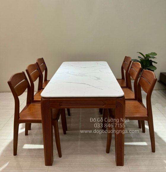 Bàn ăn mặt đá gỗ xoan đào 6 ghế BA 76-19