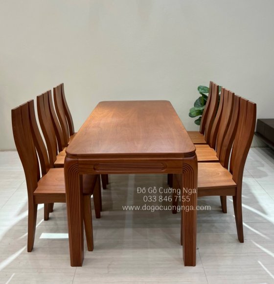 Bàn ăn gỗ xoan đào 6 ghế mặt liền BA 80-12
