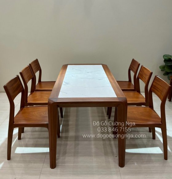 Bộ bàn ăn gỗ xoan đào 6 ghế mặt đá hiện đại BA 74-2
