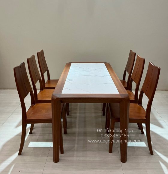 Bàn ăn gỗ xoan đào mặt đá - 6 ghế BA 86-1