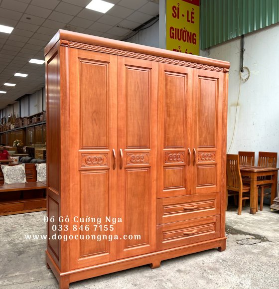 Tủ Áo Gỗ Xoan Đào 4 Cánh Cao Cấp - Đồng Tiền 