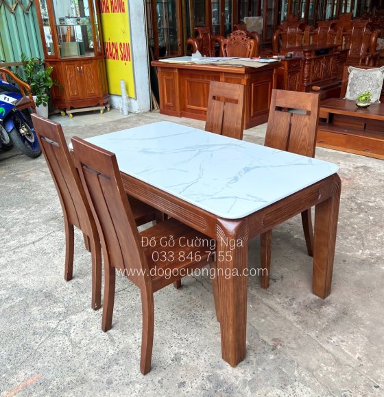 Bộ bàn ăn gỗ Sồi Nga mặt đá 4 ghế - lau màu óc chó
