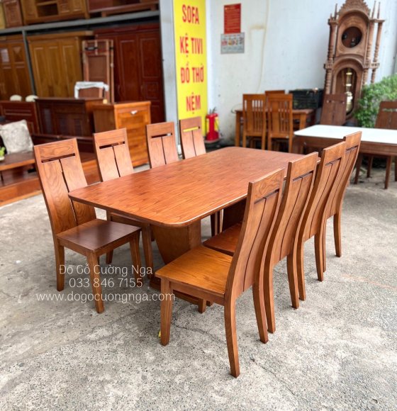 Bàn ăn gỗ sồi nga 8 ghế lau màu óc chó - mẫu chân thuyền hiện đại 