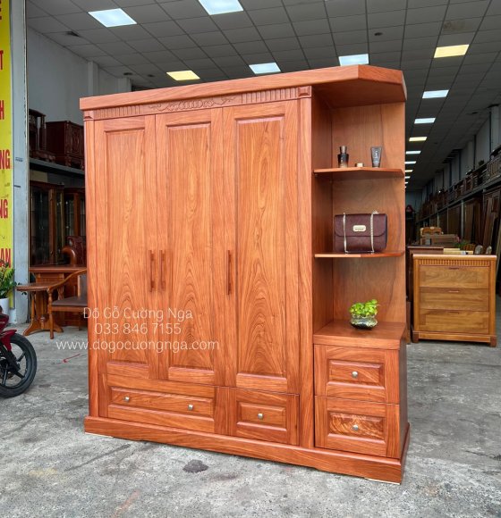 Tủ áo gỗ hương đá 3 cánh kèm góc trang trí 