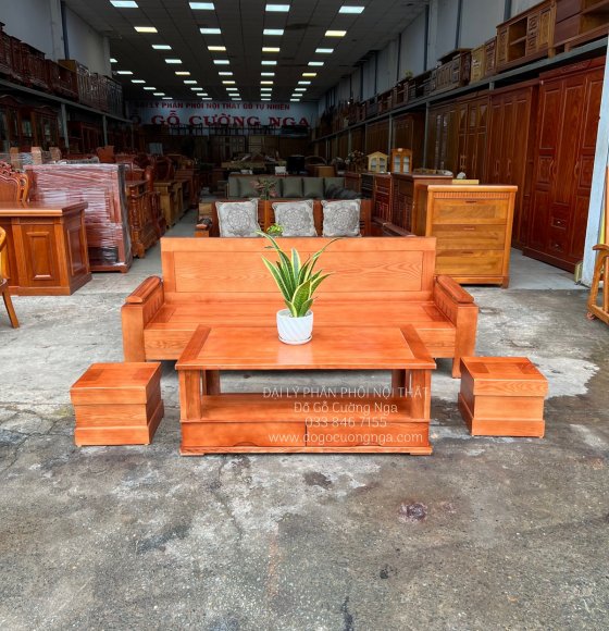 Bộ bàn ghế sofa gỗ sồi nga một văng 2m nhỏ gọn - hiện đại