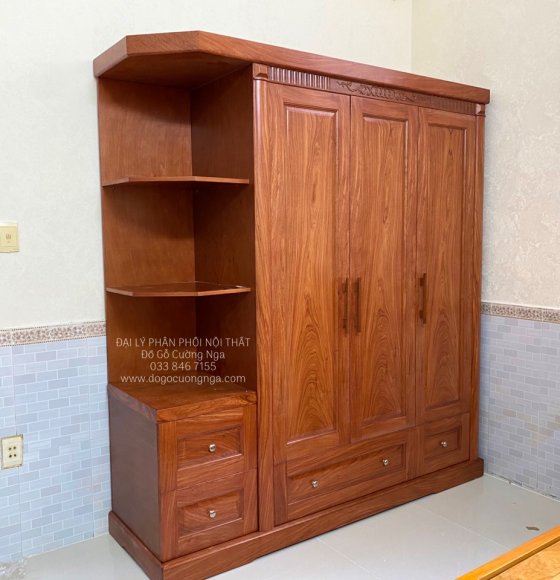 Tủ quần áo gỗ Hương Đá 1m9 kèm kệ trang trí - vế trái 