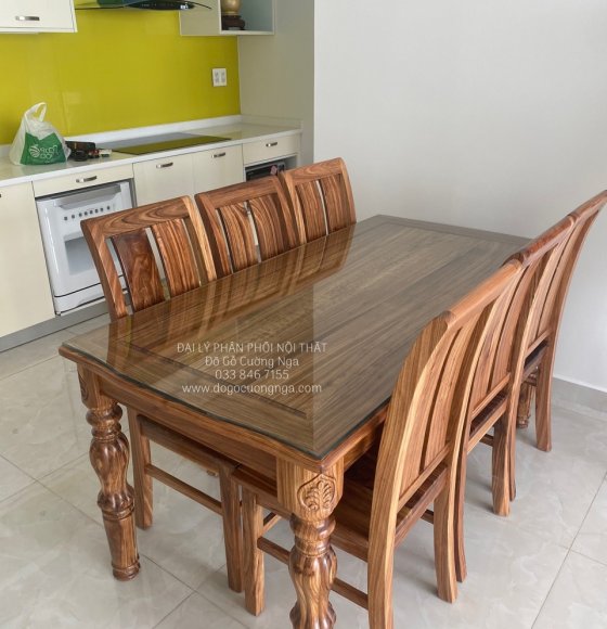 Bàn Ăn 6 Ghế Gỗ Hương Xám Chân Tiện Cao Cấp - Ghế Hai Lá 