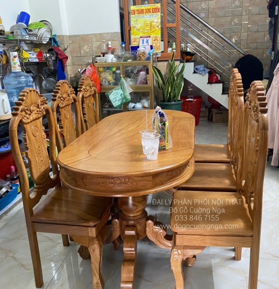 Bàn Ăn 6 Ghế Gỗ Gõ Đỏ Mẫu Ô Van - Ghế Vách Liền 
