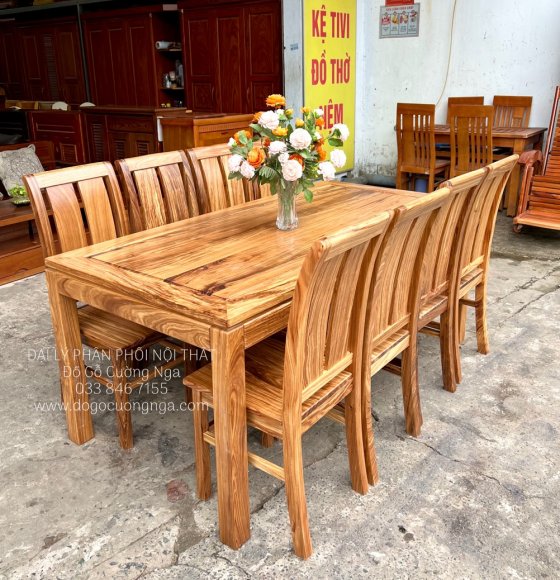 Bộ Bàn Ăn Gỗ Hương Xám 8 Ghế  Tựa Cong 