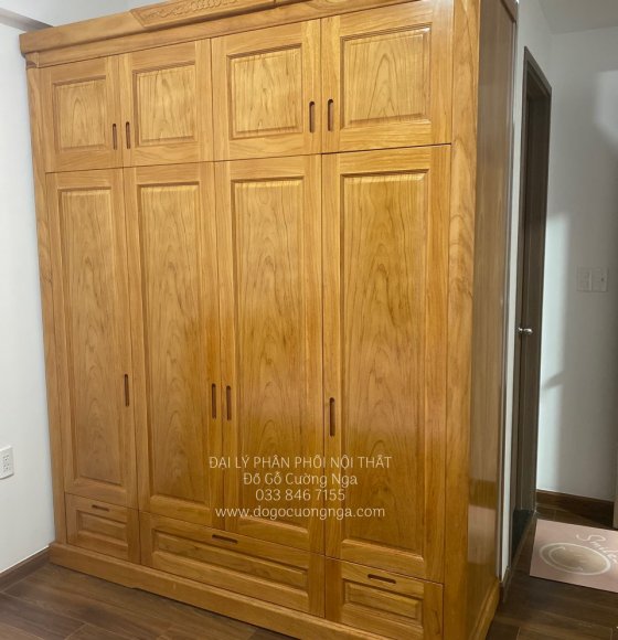Tủ Quần Áo Gỗ Gõ Đỏ 4 Cánh Cao 2 Tầng Cao Cấp