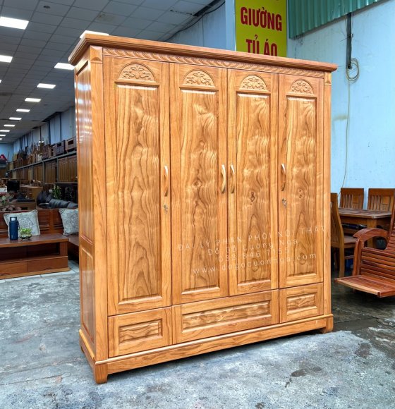 Tủ Quần Áo Gỗ Gõ Đỏ Cao Cấp 4 Cánh - Mẫu Hoa Vòm 
