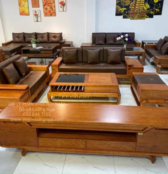 Bàn Ghế Phòng Khách Gỗ Sồi Nga Lau Màu Hương Vàng - Kèm Kệ Tivi Hiện Đại