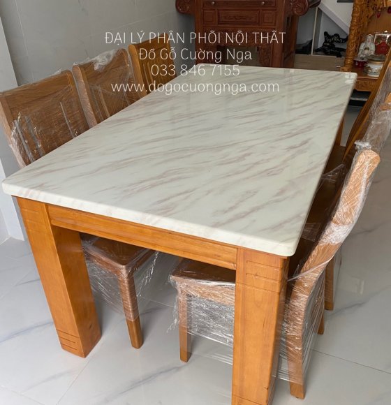 Bộ Bàn Ghế Ăn 6 Ghế Mặt Đá Gỗ Tự Nhiên Hiện Đai