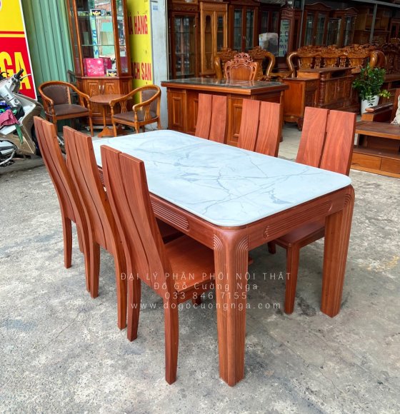 Bàn ăn gỗ xoan đào mặt đá đẹp - 6 ghế giá tốt