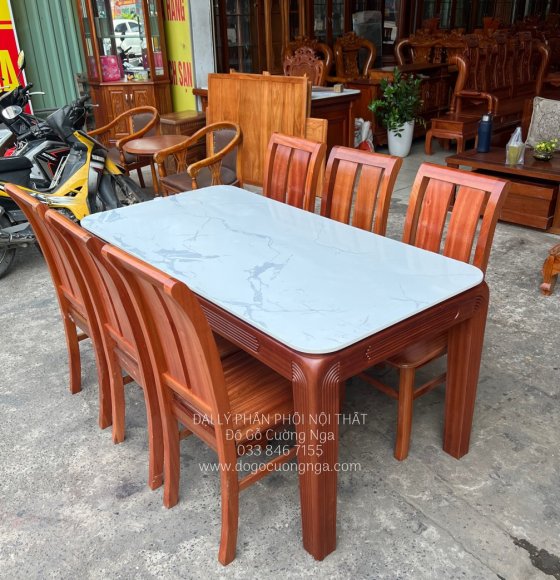 Bộ Bàn Ăn Gỗ Xoan Đào Mặt Đá Cao Cấp - Chân Soi Đẹp