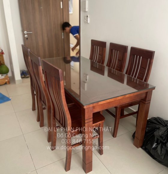 Bộ Bàn Ăn Gỗ Sồi Nga 6 Ghế Màu Óc Chó Cao Cấp