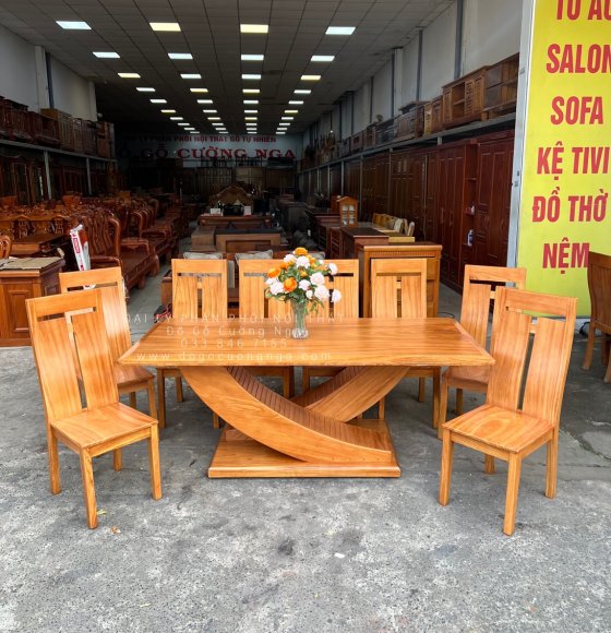 Bộ Bàn Ăn Gỗ Gõ Đỏ 8 Ghế Chân Thuyền Hiện Đại