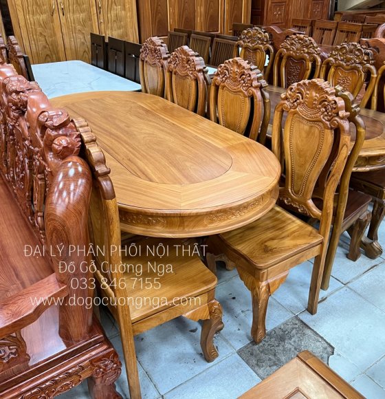 Bộ Bàn Ăn 8 Ghế Gỗ Gõ Đỏ Ô Van
