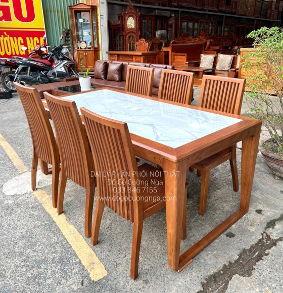 Bàn Ăn Gỗ Sồi Nga Lau Màu Óc Chó Hiện Đại 1m8 - Mặt Đá 