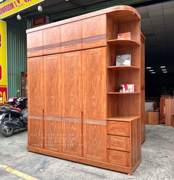 Tủ Quần Áo Gỗ Cẩm Vân 4 Cánh Góc Trang Trí 2 Tầng Sang Trọng