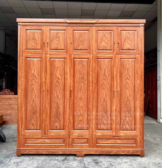 Tủ Quần Áo Gỗ Cẩm Vân 5 Cánh 2 Tầng - Két Âm 