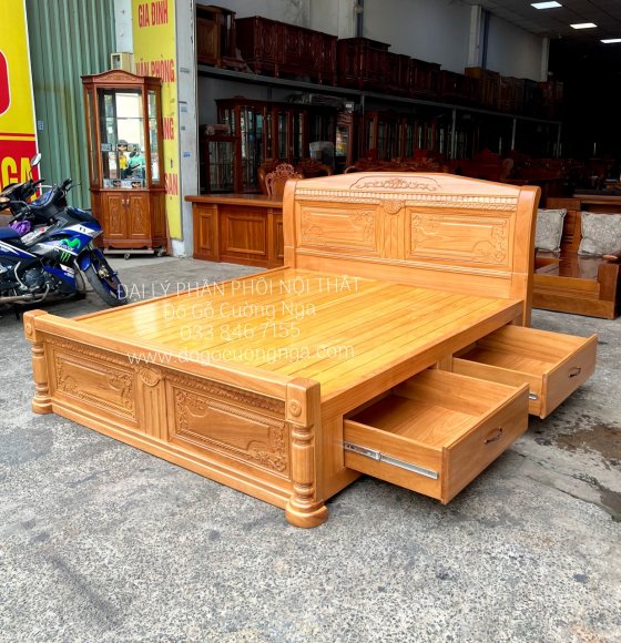 Giường Gỗ Gõ Đỏ 2 Ngăn Kéo Cao Cấp Mẫu X Cong - Phản Thưa