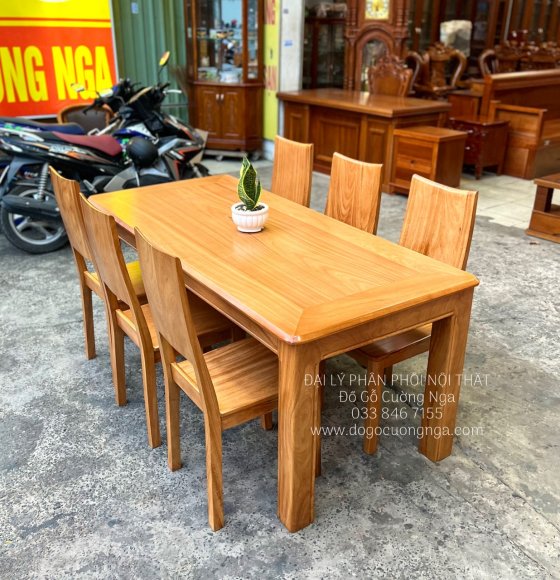 Bàn Ăn Gỗ Gõ Đỏ Hiện Đại 6 Ghế Bền Đẹp - Ghế 1 Lá