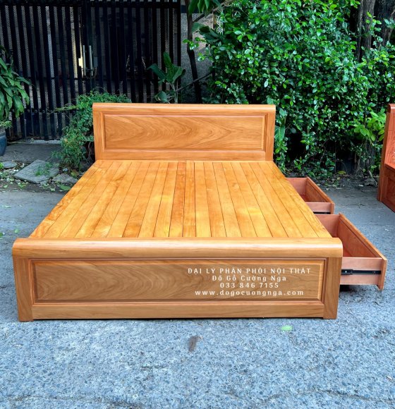 Giường Gỗ Gõ Đỏ Hiện Đại 2 Ngăn Kéo - Phản Thưa