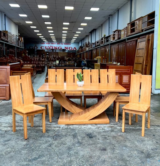 Bàn Ăn Gỗ Gõ Đỏ 8 Ghế Hiện Đại Chân Thuyền - Mặt Nguyên Tấm