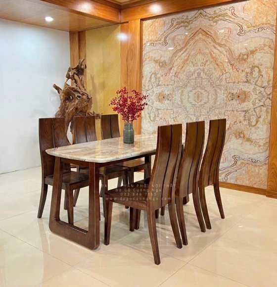 Bàn Ăn Gỗ Sồi Nga Mặt Đá 6 Ghế Lau Màu Óc Chó Chân Choãi