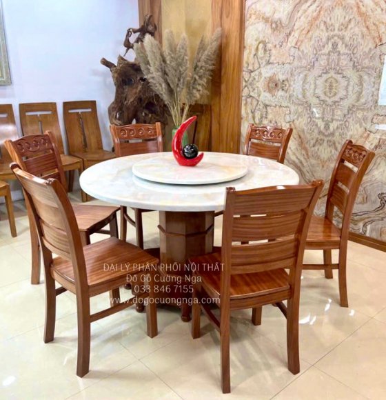 Bàn Ăn Tròn Xoay Gỗ Xoan Đào Mặt Đá 6 Ghế Sang Trọng 