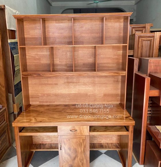 Bàn Học Sinh Đôi Gỗ Hương Xám 1m4 Kèm Giá Sách