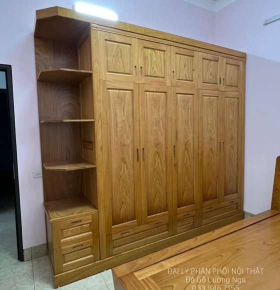 Tủ Quần Áo Gỗ Gõ Đỏ 5 Cánh Góc Cao 2 Tầng