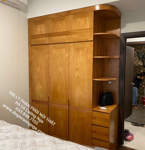 Tủ Quần Áo Gỗ Gõ Đỏ 4 Cánh Góc Trang Trí Kịch Trần 