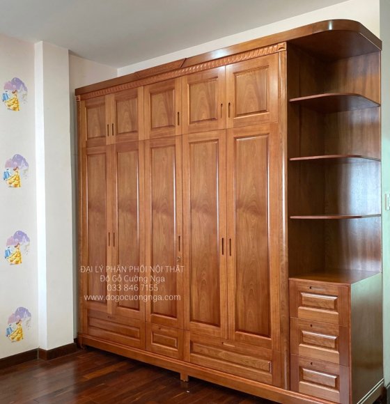 Tủ Quần Áo Gỗ Xoan Đào 5 Cánh Góc Trang Trí Kịch Trần 