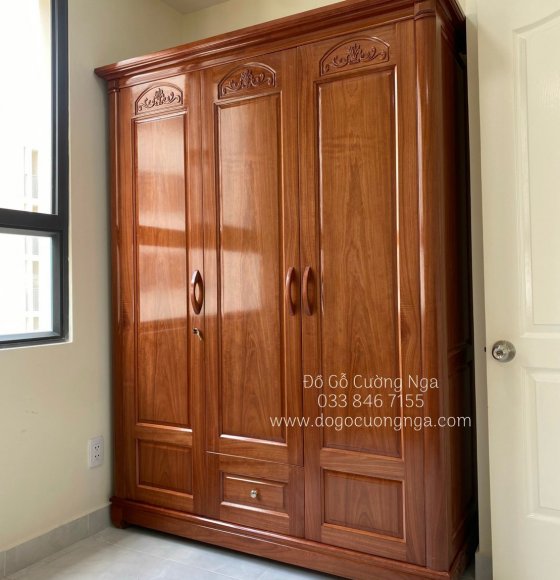 Tủ Aó Gỗ Xoan Đào 3 Cánh 1m6 - Mẫu Hoa 