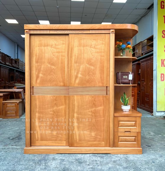 Tủ Quần Áo Gỗ Gõ Đỏ 2 Cánh Lùa Góc Trang Trí Hiện Đại