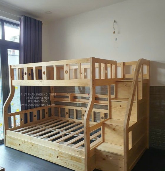 Giường tầng gỗ thông cao cấp - ngăn kéo đổi chiều hiện đại
