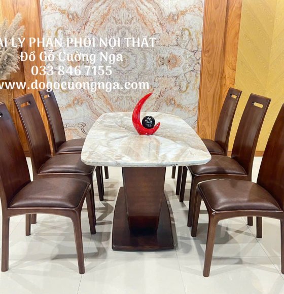 Bộ Bàn Ăn Gỗ Sồi Lau Màu Óc Chó Mặt Đá Sang Trọng 
