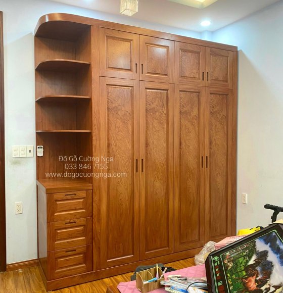 Tủ Quần Áo Gỗ Hương Đá 4 Cánh Góc Trang Trí Áp Trần Hiện Đại 