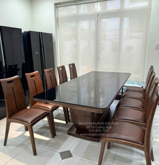 Bộ Bàn Ghế Ăn Gỗ Sồi Nga Lau Màu Óc Chó 10 Ghế Hiện Đại 