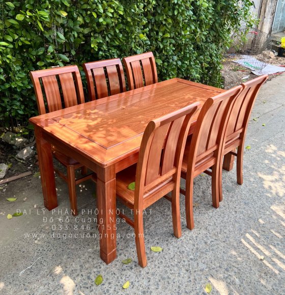 Bàn ăn 6 ghế gỗ xoan đào mặt liền 