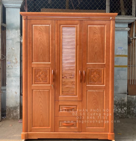 Tủ Aó Gỗ Xoan Đào Mẫu Lá Sách 3 Cánh - 1m6
